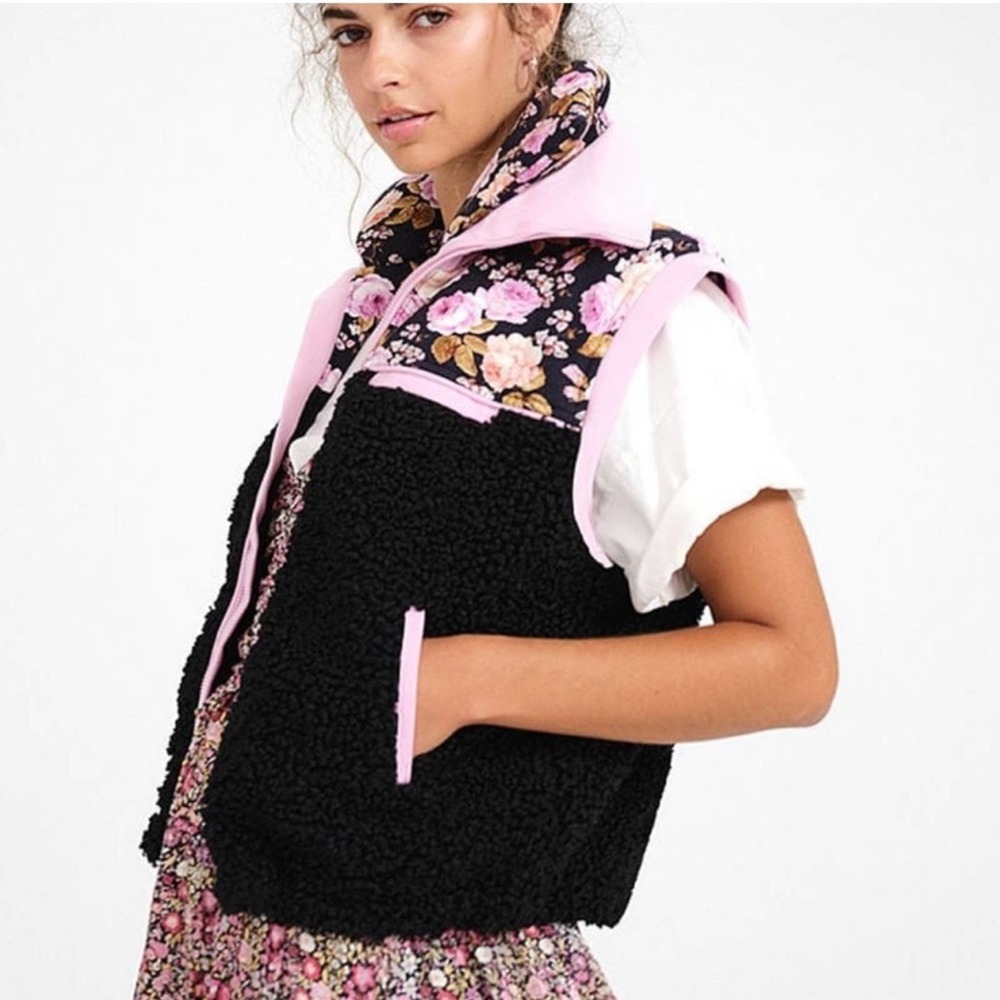 For Love & Lemons Pink Floral Sherpa Vest